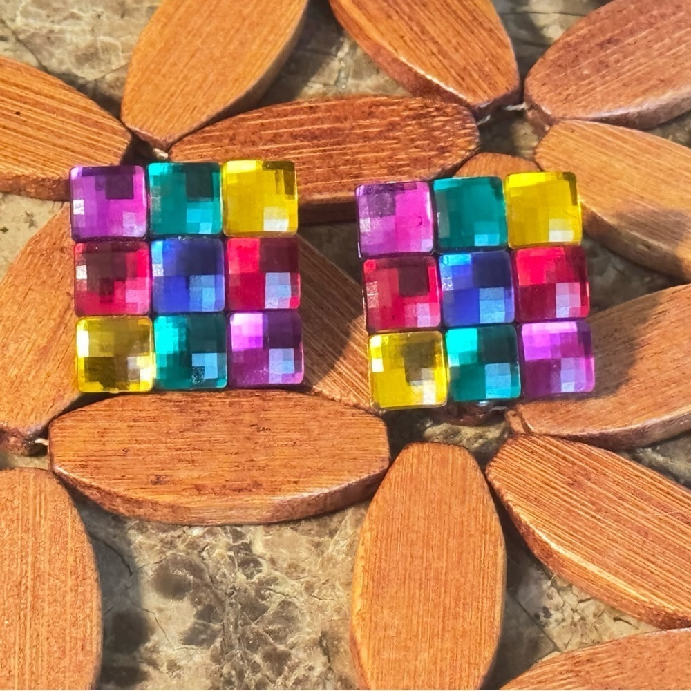Vintage Multicolor Mosaic Square Earrings – Colorful Statement Studs